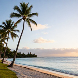 Caribbean Holidays, Guadeloupe Tours November, A quiet Guadeloupe beach at golden hour in November, with palm trees, calm turquoise water and a few relaxed holidaymakers