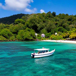 Caribbean Holidays, Guadeloupe Tours November, A small guided boat cruising through clear turquoise water beside the lush coastline and wooded islands of Guadeloupe