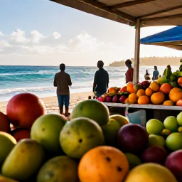 Caribbean Holidays, Guadeloupe Tours November, A sunny November morning at a Guadeloupe seaside market, with colourful fruit, local produce and visitors browsing near the Caribbean coast