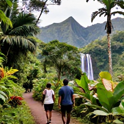Caribbean Holidays, Guadeloupe Tours November, Travellers walking on a shaded rainforest trail in Guadeloupe, with waterfalls, tropical plants and volcanic mountain scenery