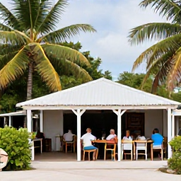 Caribbean Holidays, Guadeloupe Tours, Relaxed Guadeloupe holiday scene with a small seaside restaurant, tropical greenery and guests enjoying a calm afternoon