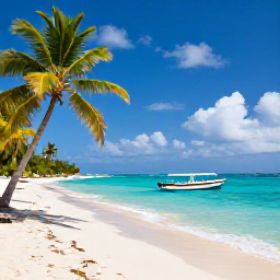 Caribbean Holidays, Guadeloupe Tours, Sunlit tropical beach in Guadeloupe with turquoise water, palm trees and a small excursion boat near the shore