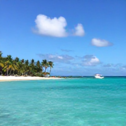 Caribbean Holidays, Guadeloupe Tours, Sunny Guadeloupe coastline in January, with turquoise sea, palm trees and a small excursion boat