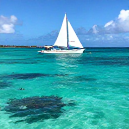 Caribbean Holidays, Guadeloupe Tours, Traditional sailing boat and snorkellers exploring clear turquoise water around the Guadeloupe coast with coral and tropical fish visible below