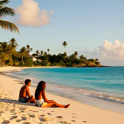 Caribbean Holidays, Guadeloupe Tours, Travellers enjoying a relaxed guided tour in Guadeloupe beside a turquoise beach at golden afternoon light