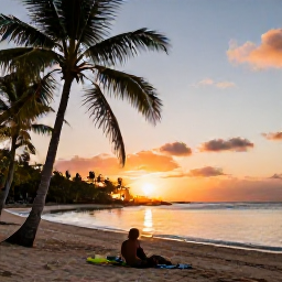 Caribbean Holidays, Guadeloupe Tours, Travellers relaxing on a peaceful Guadeloupe beach at sunset in July, with palm trees, warm light and calm Caribbean water