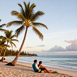 Caribbean Holidays, Guadeloupe Tours, Travellers relaxing on a peaceful Guadeloupe beach with palm trees, gentle waves and soft evening light