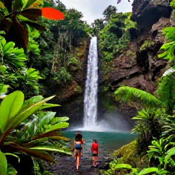 Caribbean Holidays, Guadeloupe Tours, Travellers walking through the lush Guadeloupe rainforest towards a clear waterfall, with tropical plants and volcanic hills