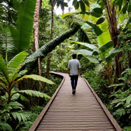 Caribbean Holidays, Guadeloupe Tours, Tropical rainforest walking tour in Guadeloupe with a guide, wooden path, waterfalls and dense green vegetation