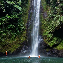 Caribbean Holidays, Guadeloupe Tours, Visitors swimming beneath a beautiful tropical waterfall in Guadeloupe rainforest surrounded by dense green foliage