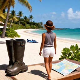 Caribbean Holidays, Guadeloupe Walking, A comfortable Guadeloupe holiday base near the coast, with walking boots, a map and tropical scenery in the background