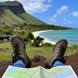 Caribbean Holidays, Guadeloupe Walking, A comfortable Guadeloupe walking holiday scene with hiking boots, a trail map, tropical hills and a calm Caribbean beach nearby