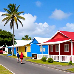 Caribbean Holidays, Guadeloupe Walking, A friendly Guadeloupe village with walkers, colourful Creole houses, palm trees and a small local caf&eacute;