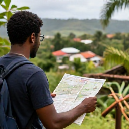 Caribbean Holidays, Guadeloupe Walking, A friendly local guide showing walkers a trail map in Guadeloupe, with tropical vegetation and a village in the background