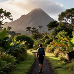 Caribbean Holidays, Guadeloupe Walking, A hiker following a green trail through Guadeloupe's tropical rainforest in October, with volcanic mountains and soft morning light