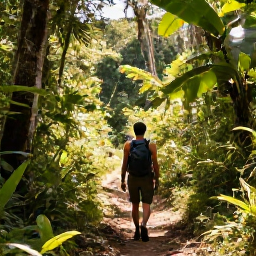 Caribbean Holidays, Guadeloupe Walking, A hiker following a lush trail through Guadeloupe rainforest in warm February sunshine