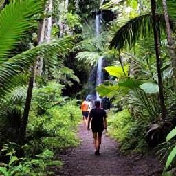 Caribbean Holidays, Guadeloupe Walking, A lush Guadeloupe rainforest trail in December, with walkers following a shaded path beside tropical plants and a small waterfall