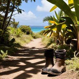 Caribbean Holidays, Guadeloupe Walking, A pair of walking boots beside a shaded Guadeloupe trail with sea views and tropical plants