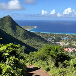 Caribbean Holidays, Guadeloupe Walking, A panoramic view from a Guadeloupe mountain trail across lush rainforest, coastal villages and bright blue Caribbean water