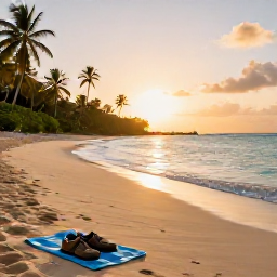 Caribbean Holidays, Guadeloupe Walking, A peaceful Guadeloupe beach at sunset with walking shoes beside a towel, calm turquoise water and palm trees