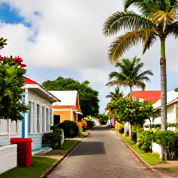 Caribbean Holidays, Guadeloupe Walking, A quiet Guadeloupe village lane with colourful Creole houses, tropical gardens and walkers exploring in warm May weather