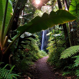 Caribbean Holidays, Guadeloupe Walking, A rainforest hiking path in Guadeloupe with giant leaves, ferns, filtered sunlight and a small waterfall in the distance