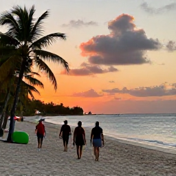Caribbean Holidays, Guadeloupe Walking, A relaxed evening view of a Guadeloupe beach with walkers, palm trees and a warm Caribbean sunset