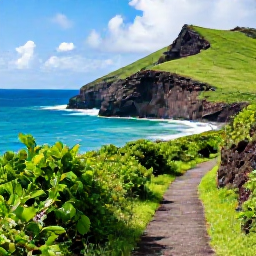 Caribbean Holidays, Guadeloupe Walking, A scenic coastal walking path on Guadeloupe with turquoise sea, volcanic cliffs and bright green vegetation