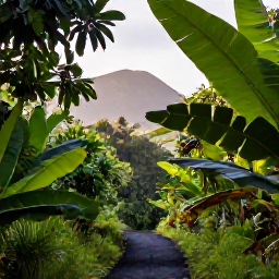 Caribbean Holidays, Guadeloupe Walking, A shaded rainforest trail in Guadeloupe with broad tropical leaves, volcanic hills and soft morning light