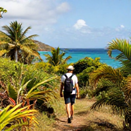 Caribbean Holidays, Guadeloupe Walking, A walker following a lush coastal trail in Guadeloupe beneath soft May sunshine, with tropical vegetation and turquoise sea views