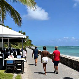 Caribbean Holidays, Guadeloupe Walking, Friendly walkers enjoying a Creole lunch at an outdoor restaurant near a Guadeloupe beach