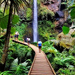 Caribbean Holidays, Guadeloupe Walking, Hikers crossing a wooden footbridge beside a tropical waterfall in Guadeloupe's rainforest