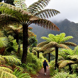 Caribbean Holidays, Guadeloupe Walking, Hikers on a rainforest trail in Guadeloupe National Park, surrounded by giant ferns, tropical trees and misty mountain slopes