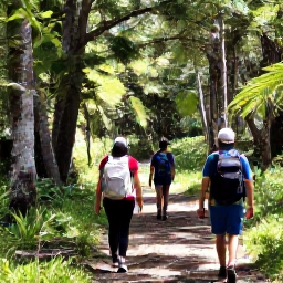 Caribbean Holidays, Guadeloupe Walking, Hikers walking beneath tall trees on a shaded trail in Guadeloupe National Park near La Soufriere