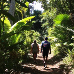Caribbean Holidays, Guadeloupe Walking, Hikers walking through lush tropical rainforest on Guadeloupe in warm February sunshine