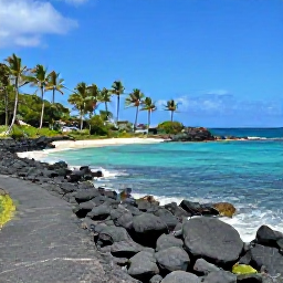 Caribbean Holidays, Guadeloupe Walking Holidays, A coastal walking trail along Guadeloupe's turquoise shoreline, with palm trees, volcanic rocks and a small sandy cove