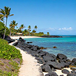 Caribbean Holidays, Guadeloupe Walking Holidays, A coastal walking trail in Guadeloupe beside turquoise sea, black volcanic rocks, palm trees and a quiet sandy cove