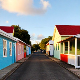 Caribbean Holidays, Guadeloupe Walking Holidays, A friendly Guadeloupe village street with colourful Creole houses, a small caf&eacute; and walkers exploring in warm March light