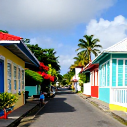 Caribbean Holidays, Guadeloupe Walking Holidays, A friendly Guadeloupe village street with colourful Creole houses, tropical plants and walkers exploring local scenery