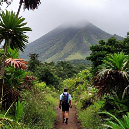 Caribbean Holidays, Guadeloupe Walking Holidays, A hiker following a forest path towards La Soufri&egrave;re volcano in Guadeloupe, with misty green slopes and tropical vegetation