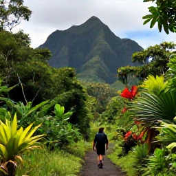 Caribbean Holidays, Guadeloupe Walking Holidays, A lush rainforest trail in Guadeloupe with volcanic mountains, tropical plants and a lone walker exploring the path