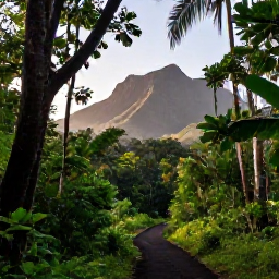 Caribbean Holidays, Guadeloupe Walking Holidays, A marked rainforest trail in Guadeloupe with lush tropical vegetation, volcanic mountains and soft morning light