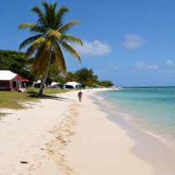 Caribbean Holidays, Guadeloupe Walking Holidays, A peaceful Guadeloupe beach and coastal path near a small village, with palms, clear water and walkers enjoying the March sunshine