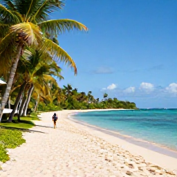 Caribbean Holidays, Guadeloupe Walking Holidays, A peaceful Guadeloupe beach and coastal path with turquoise water, palms and walkers in the April sunshine