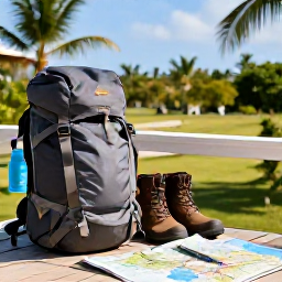 Caribbean Holidays, Guadeloupe Walking Holidays, A prepared daypack, walking boots and water bottle beside a map of Guadeloupe on a sunny tropical terrace