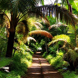 Caribbean Holidays, Guadeloupe Walking Holidays, A quiet Guadeloupe rainforest trail with ferns, palms and filtered sunlight