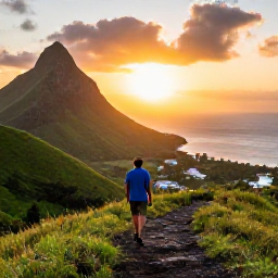 Caribbean Holidays, Guadeloupe Walking Holidays, A relaxed traveller enjoying a sunset view over Guadeloupe's green hills and Caribbean coastline from a scenic walking trail