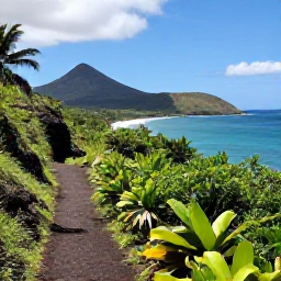 Caribbean Holidays, Guadeloupe Walking Holidays, A scenic coastal walking trail in Guadeloupe in April, with lush vegetation, volcanic hills and bright Caribbean sea