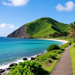 Caribbean Holidays, Guadeloupe Walking Holidays, A scenic coastal walking trail in Guadeloupe in March, with turquoise sea, green hills and a clear blue sky