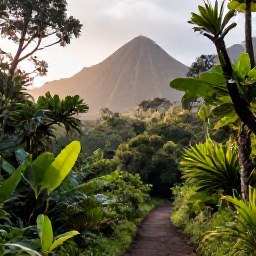 Caribbean Holidays, Guadeloupe Walking Holidays, A scenic rainforest trail in Guadeloupe's Basse-Terre mountains, with lush tropical plants, volcanic peaks and soft morning light